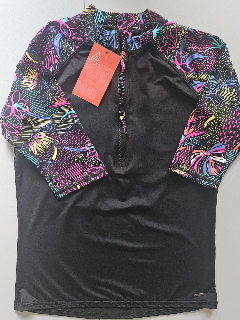 Ripzone Black Rash Guard with Neon Floral Sleeves, Size M